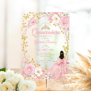 Rosafarbenes Quinceañera Golden Schmetterlinge Acryleinladungen