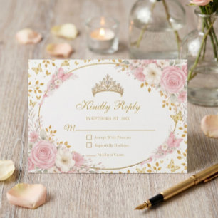 Rosafarbenes Quinceañera Goldener Schmetterling RSVP Karte