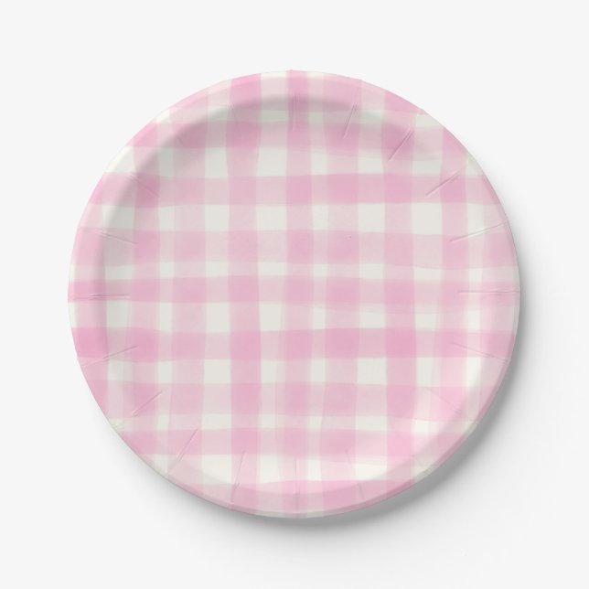 Rosafarbenes Rustikales Handgezeichnetes Gingham Pappteller (Vorderseite)