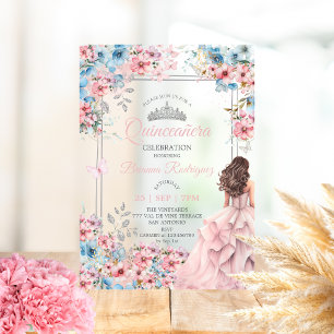 Rosafarbenes und Blau Silbernes Florales Quinceañe Acryleinladungen