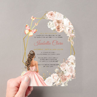 Rosafarbenes und goldenes florales Prinzessin-Quin Acryleinladungen
