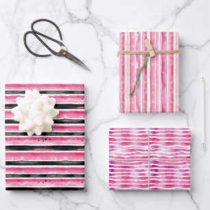 Rosafarbenes Weißes Schwarzes Gestreiftes Geburtst Geschenkpapier Set