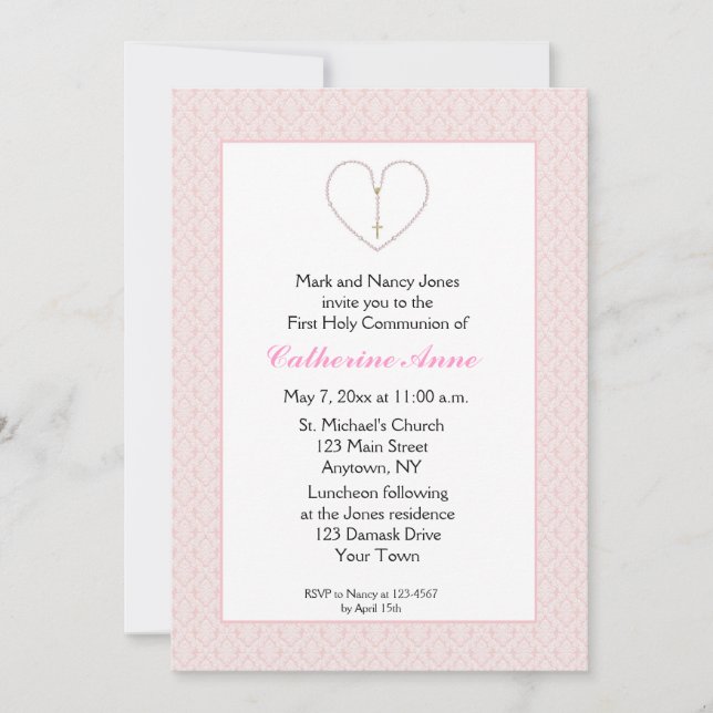 Rosaibling, Heart Pink Damask Kommune Einladung (Vorderseite)