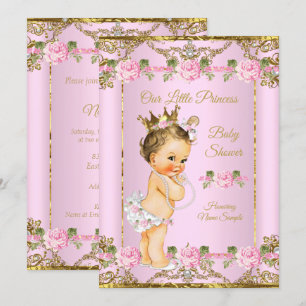 Rosarot Gold Weiß Prinzessin Baby Shower Brünette Einladung