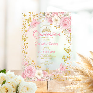 Rosarot Quinceañera Goldene Schmetterlinge Rosen Acryleinladungen