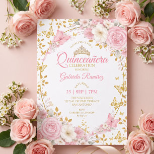 Rosarot Quinceañera Goldene Schmetterlinge Rosen Einladung
