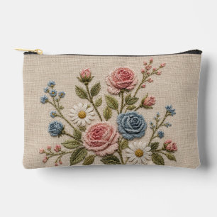 Rosarot und blau bestickte Rosen Zubehörtasche