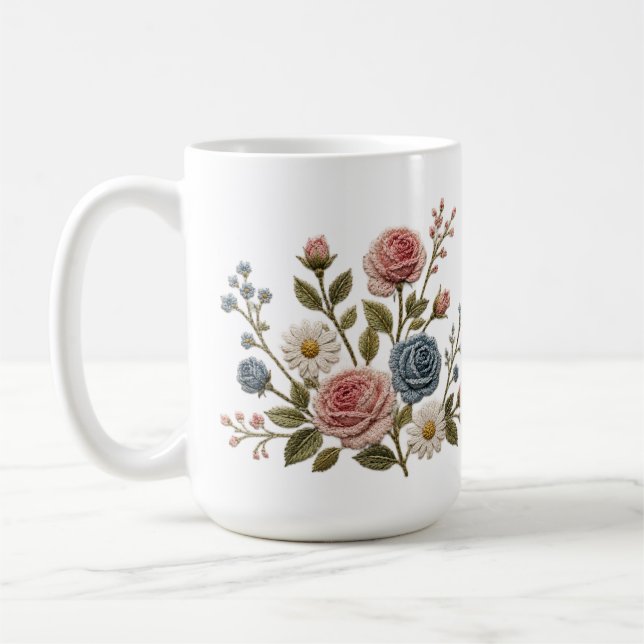 Rosarot und Blaue Gestickte Rosen Kaffeetasse (Links)