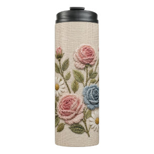 Rosarot und Blaue Gestickte Rosen Thermosbecher