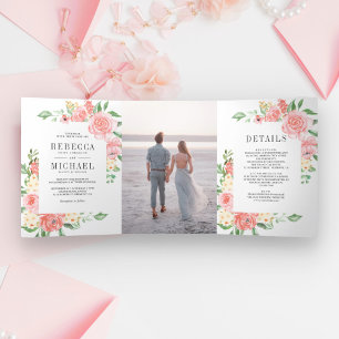 Rosarote Blütenrose Garten Foto Hochzeit Dreifach Gefaltete Einladung