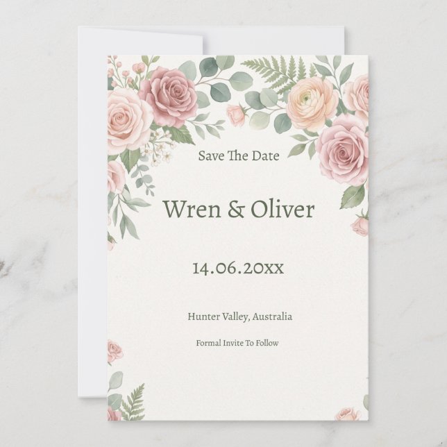 Rosarote Gartenrose Floral Save The Date (Vorderseite)