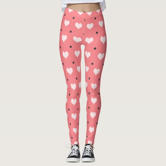 rosarote Pastellherzen, schwarzes Tupfenmuster Leggings (Vorderseite)