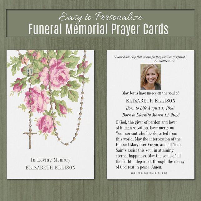 Rosary Beerdigung Gedenkgebet Pink Roses (Catholic Funeral Memorial Prayer Cards - Easy to Personalize)