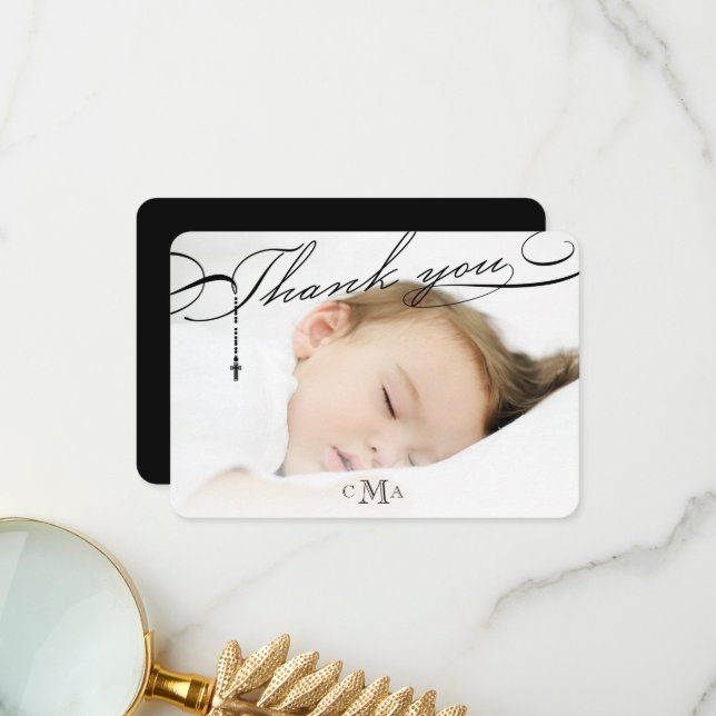 Rosary Cross Monogram Scripted Foto Religious Dankeskarte (Vorderseite/Rückseite Beispiel)