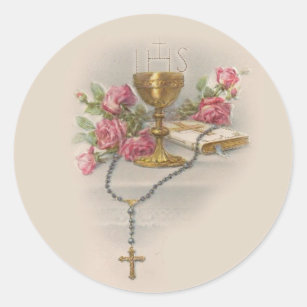 Rosary Eucharist Chalice Bible, Heilige Kommunion Runder Aufkleber