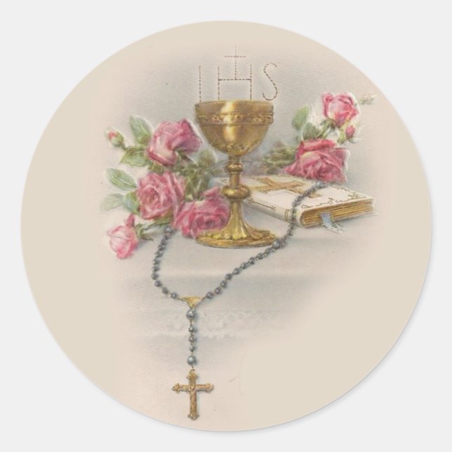 Rosary Eucharist Chalice Bible, Heilige Kommunion Runder Aufkleber (Vorderseite)