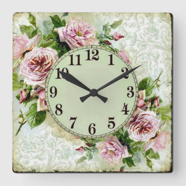 Rosas in Fondo Verde Quadratische Wanduhr (Vorderseite)