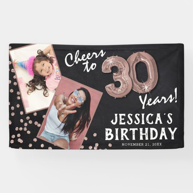 Rose 30 Jahre  Gold 2 Foto Geburtstag Banner (Horizontal)