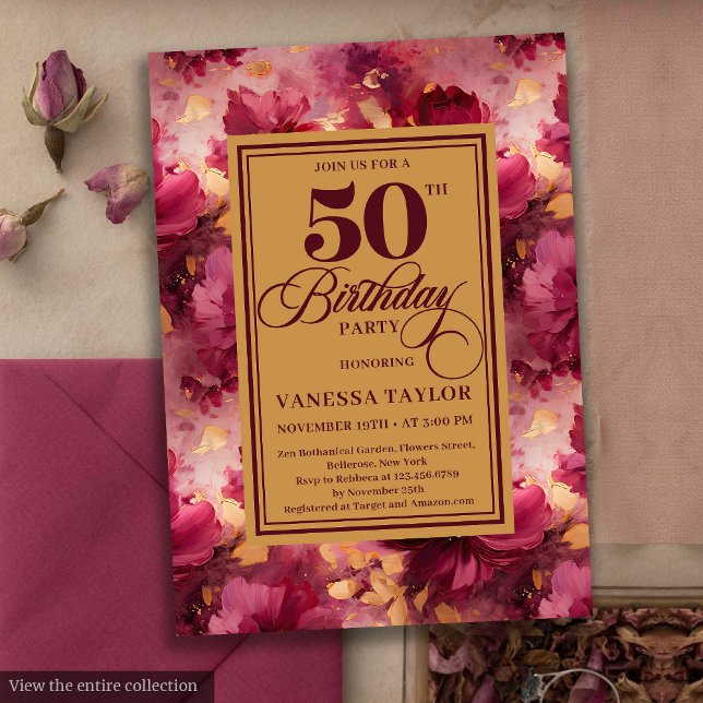 Rose 50. Geburtstag Einladung (Floral maroon blush gold roses 50th birthday invitation

)