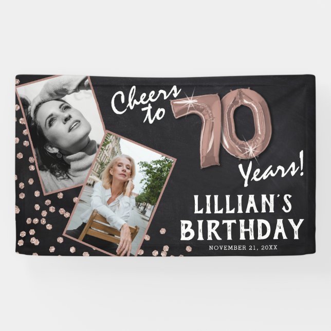 Rose 70 Jahre  Gold 2 Foto Geburtstag Banner (Horizontal)