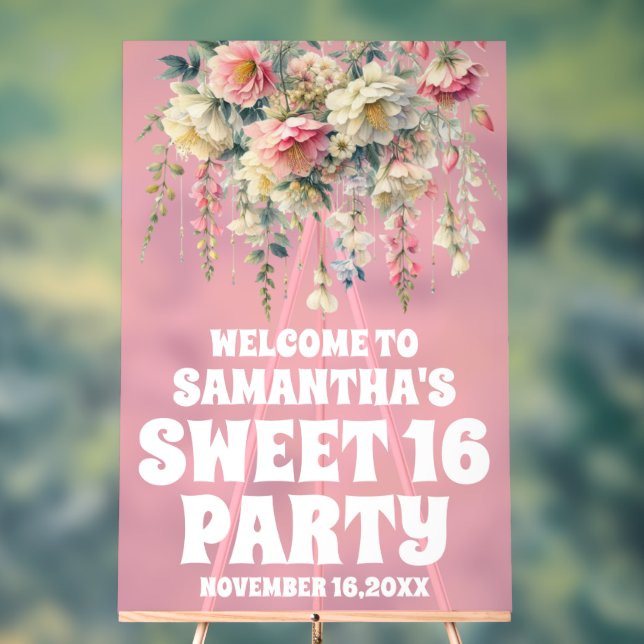 Rose acrylique Floral Sweet 16 Affiche de bienvenu (Neutre)
