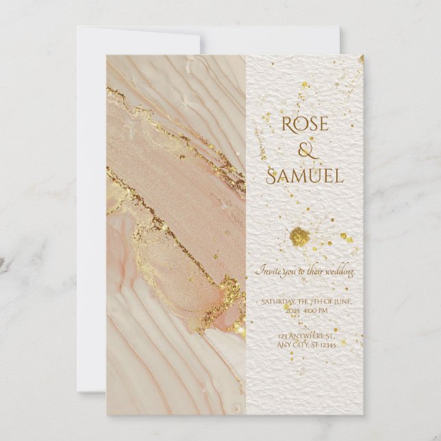 Rose Alcohol Ink Glitter Gold Wedding Invitation (Devant)