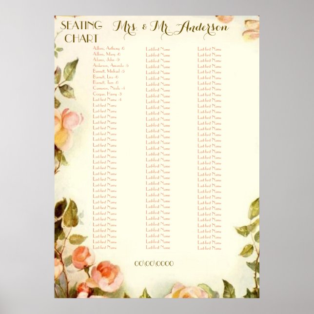 Rose alphabetisches Sitzdiagramm Poster (Vorne)