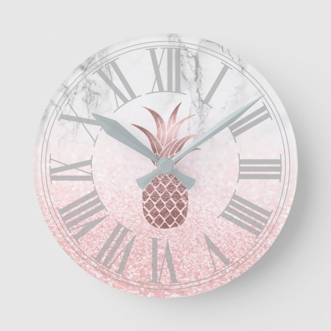 Rose Ananas+Schnee Bokeh+Marmor Runde Wanduhr (Vorderseite)
