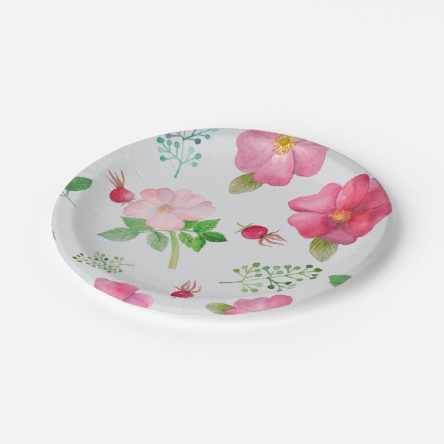 Rose Angesagt Gartenmuster Pappteller (Schrägansicht)