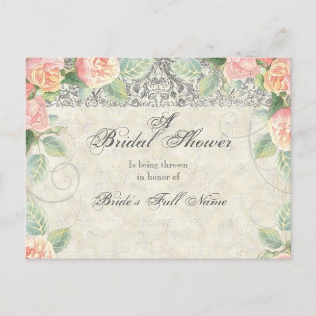 Rose anglais et Silver Bridal Shower Invitation (Devant)