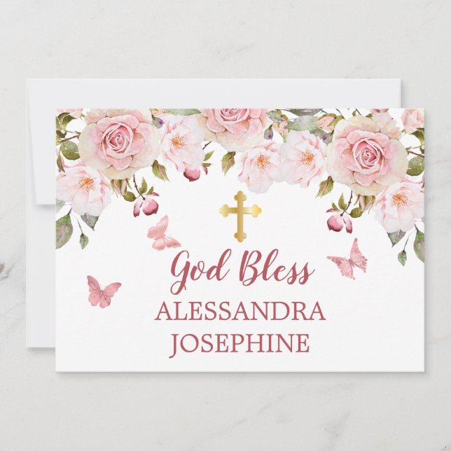 Rose Aquarellblütenschmetterlinge und Kreuzname Einladung (Vorderseite)