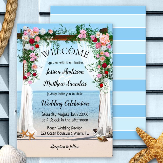 Rose Arbor Beach Hochzeitseinladung Einladung (Beach wedding invitation featuring a pretty scene of a rose arbor and a view on the ocean)
