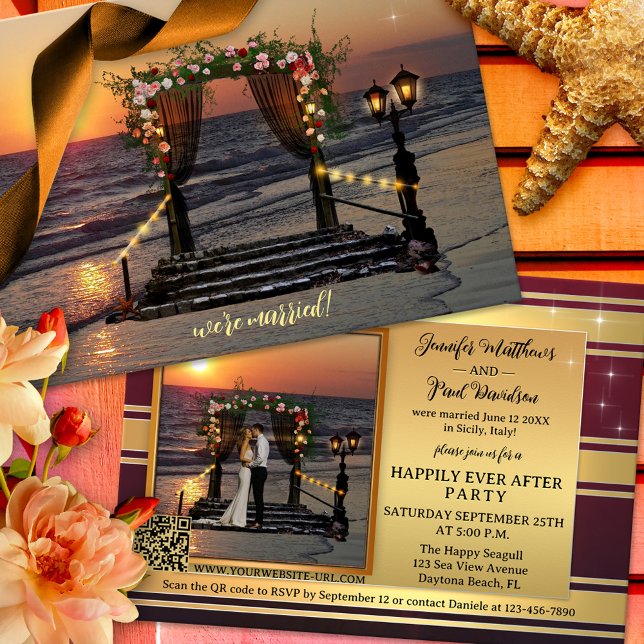 Rose Arbor Beach nach Hochzeit Foto Einladung (Happily ever after wedding invite showing a sunset on the beach with a rose arbor and string lights)