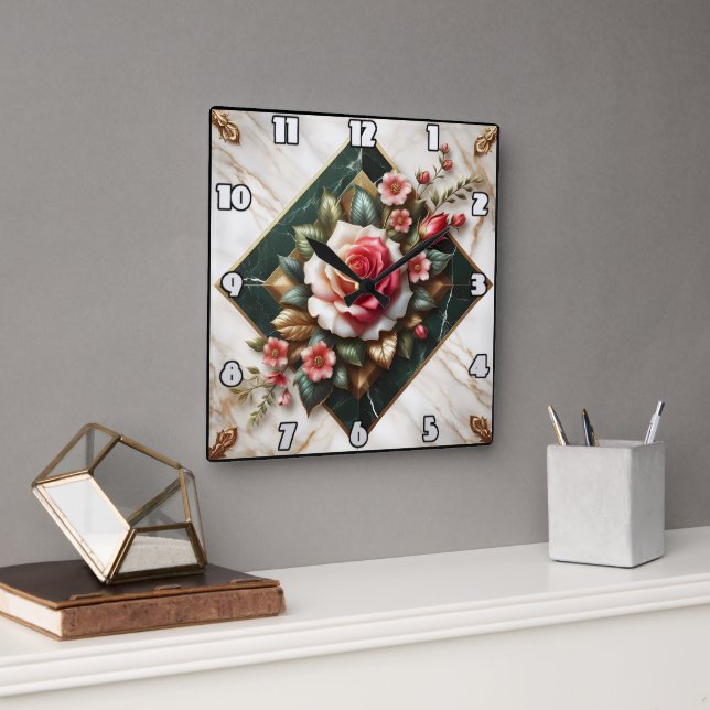 Rose auf eleganten Marmor Quadratische Wanduhr (Büro)