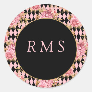 Rose auf Harlequin Monogram Runder Aufkleber