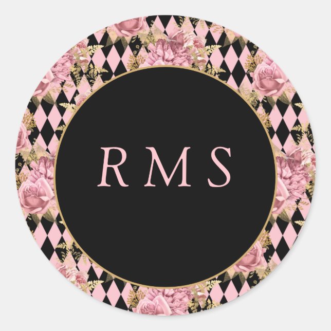 Rose auf Harlequin Monogram Runder Aufkleber (Vorderseite)