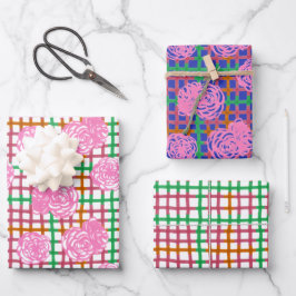 Rose auf Kariertem Muster - rosa Geschenkpapier Set
