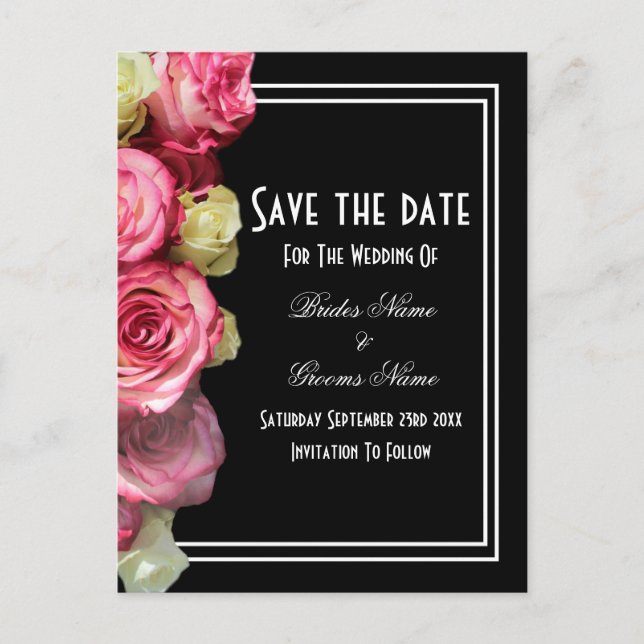 Rose auf Schwarze Hochzeit speichern das Datum Ankündigungspostkarte (Vorderseite)