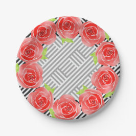 Rose auf schwarzen und weißen Streifen Pappteller