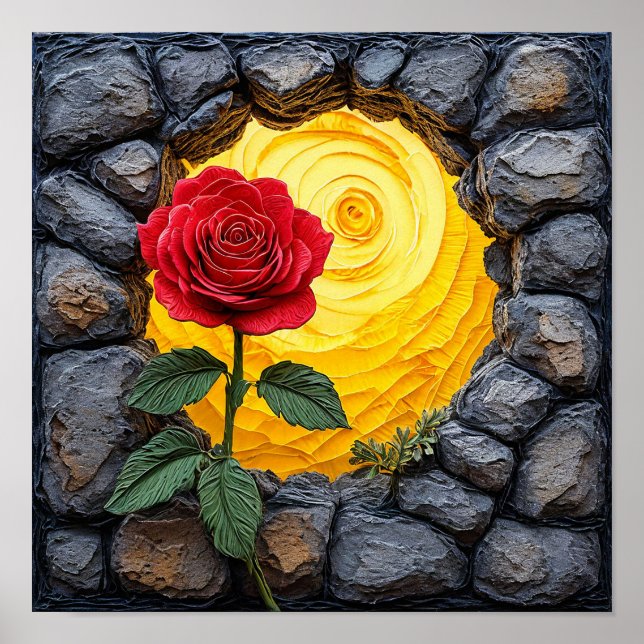 Rose aus einem Loch in einer Steinmauer Poster (Vorne)