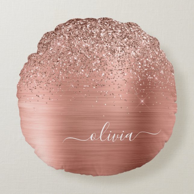 Rose aus gebürstetem Metall, Gold Rosa Glitzer Mon Rundes Kissen (Vorderseite)