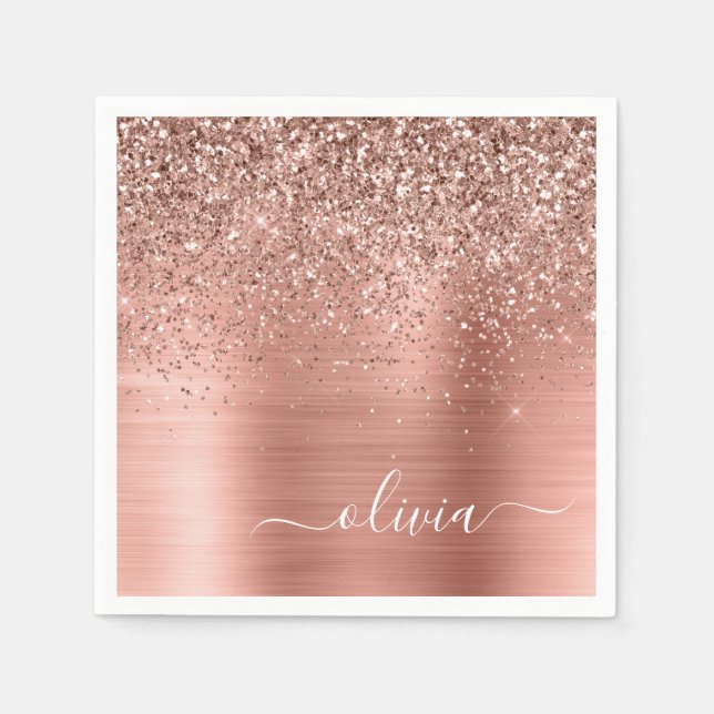 Rose aus gebürstetem Metall, Gold Rosa Glitzer Mon Serviette (Vorderseite)