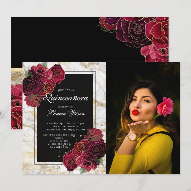 Rose aus Goldmarmor Blumenbeete Quinceanera-Foto Einladung (Vorne/Hinten)