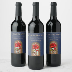 Rose aus Hartglas Schönheit und Bestie auf blau Weinetikett