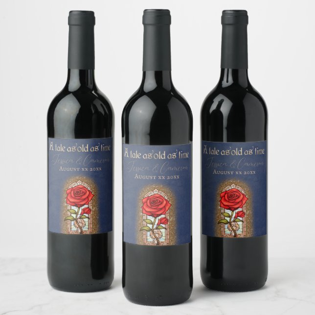 Rose aus Hartglas Schönheit und Bestie auf blau Weinetikett (Flaschen)