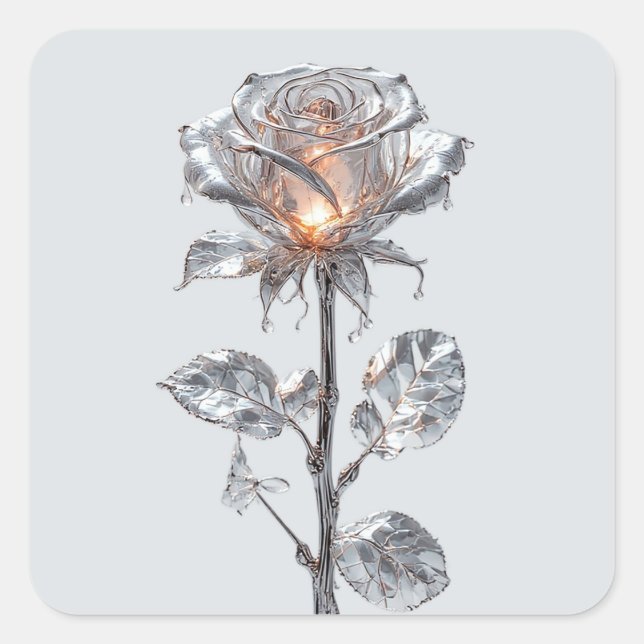 Rose aus hellem Metallischem Silber Quadratischer Aufkleber (Vorderseite)