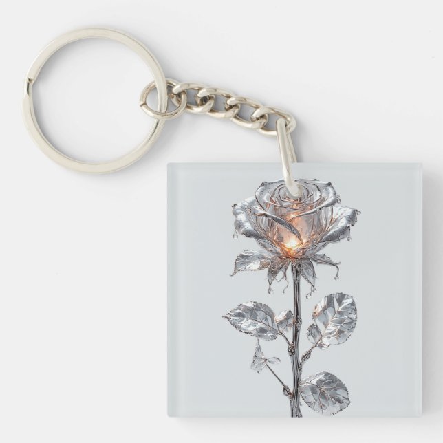 Rose aus hellem Metallischem Silber Schlüsselanhänger (Vorderseite)