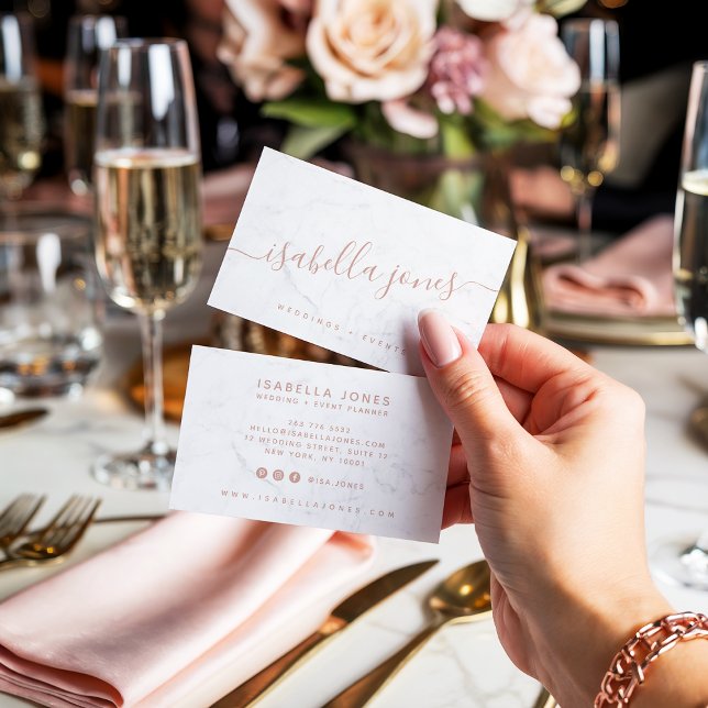 Rose aus Minimalistischem weißem Marmor, Goldschri Visitenkarte (Minimalist white marble rose gold signature script)