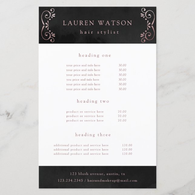 Rose aus schwarzem Seide, Goldservice und Flyer (Vorderseite)
