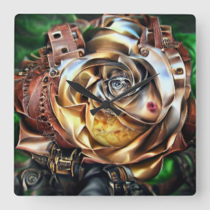 Rose aus Steampunken mit Oberflächengesicht - Mech Quadratische Wanduhr
